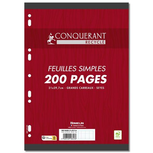 Conquérant Feuilles Simples Perforées Recyclées Sous Film A4 200p 90g Grands Carreaux