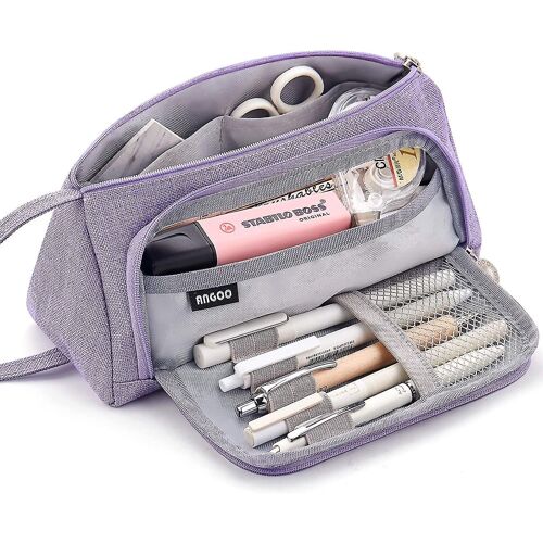 Grande Capacité De Couleur Toile De Rangement Pochette Marqueur Stylo Trousse Simple Papeterie Sac (Violet)