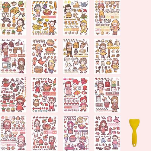 Autocollants Kawaii En 16 Feuilles, Étiquette Scrapbook, Jolie Fille Coréenne, Pour Bricolage, Décroate, Journal, Bloc-Notes, Fournitures Pour Étudiants