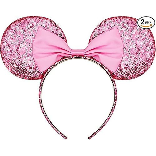 Yeelua Serre-Tête Oreilles De Souris À Paillettes Scintillantes Avec N¿Ud Mignon Pour Filles Et Femmes, Costume De Cosplay Avec N¿Ud Supérieur, Joli Accessoire De Cheveux Pour Anniversaire Rose