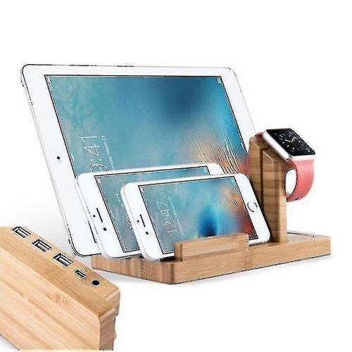 Station d¿accueil - Station de charge en bambou en bois véritable - Plate-forme de centrale électrique avec multi-interface USB intégrée pour tous les smartphones et smart