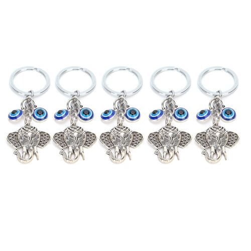 5 Pcs Yeux Bleus Porte-Clés Éléphant Style Turc Alliage Couleur Glaçure Pendentif Pour Dames Sac Intérieur De Voiture