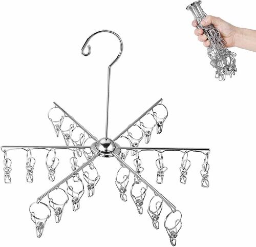 Porte-chaussettes en acier inoxydable (avec 18 clips) Porte-vêtements pliable coupe-vent Étendoir peu encombrant Étendoir coupe-vent avec crochet rotatif à 360° pour chaussettes, soutiens-gorge, sous-