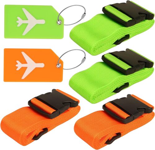 4 pieces luggage straps (orange and green) with luggage tags, adjustable luggage straps, travel packing straps with buckles