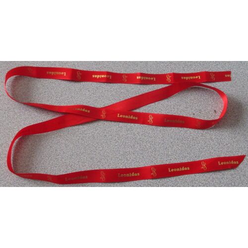Ruban/Faveur À Nouer De 1.20m Sur 1.5cm - 1 Face Rouge Brillant Marquée Leonidas En Lettre Dorées / 1 Face Rouge Mat Unie