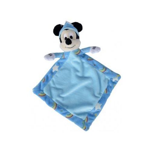 Disney Doudou Plat Brille Dans La Nuit Mickey La Souris 18 X 18 Cm - Doudou Licence Bleu - Peluche Enfant Avec Mouchoir Bleu
