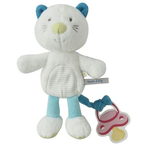 Doudou Tetinou Chat Blanc Bleu Turquoise Anis Sucre D'orge Attache Tetine Jouet Bebe