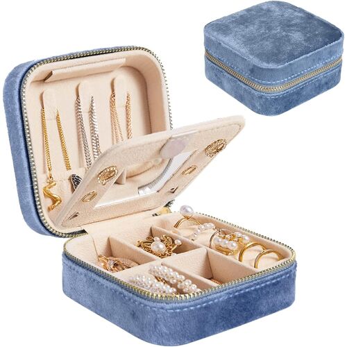 Mini boîte à bijoux en flanelle (bleu, bijoux non inclus), boîte à bijoux de voyage portable, sac à bijoux double couche en velours avec miroir, bague boucles d'oreilles collier bracelet bijoux boîte