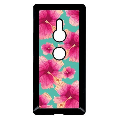 Coque pour smartphone - Hibiscus fond turquoise - compatible avec sony Xperia XZ2 - Plastique - bord Noir