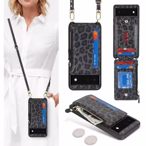 CAUC-Coque pour Google Pixel 6 Étui avec Porte-Cartes de crédit, Etui pour Google Pixel 6 Housse avec Courroie de Cou Portefeuille avec Fentes pour Cartes de crédit-Léopard Noir