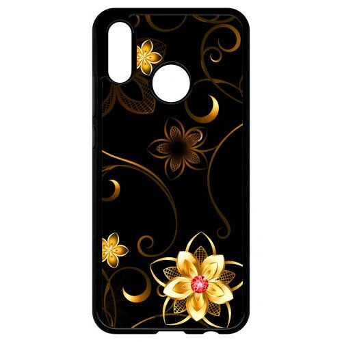 Coque Pour Smartphone - Fleur D Or Fond Noir - Compatible Avec Huawei P20 Lite - Plastique - Bord Noir