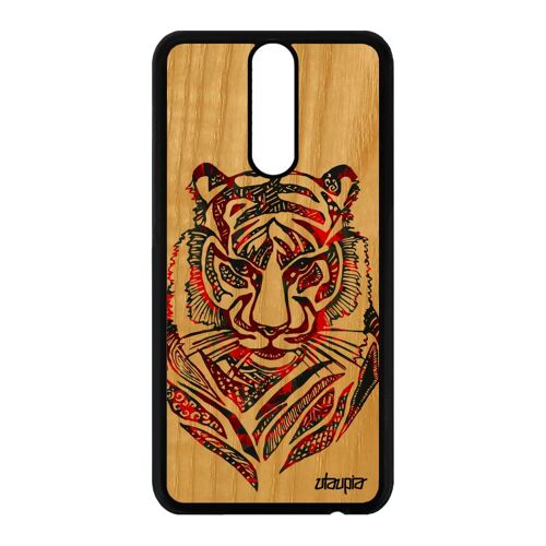 Coque Huawei Mate 10 lite en bois silicone tigre tribal TPU dessin Rouge animal