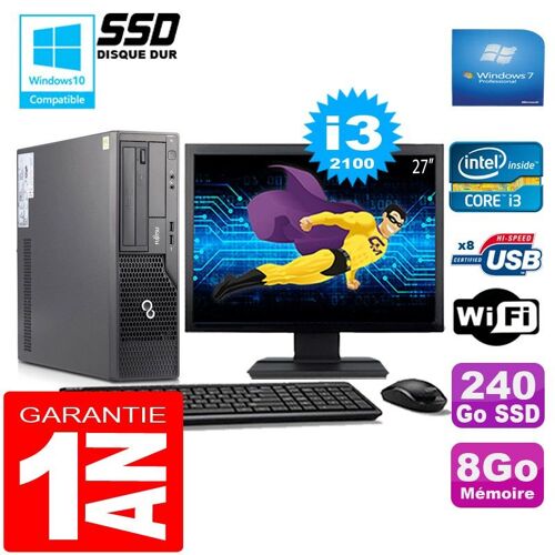 PC Fujitsu Esprimo E500 E85+ SFF I3-2100 8Go Disque 240Go SSD Wifi W7 Ecran 27"