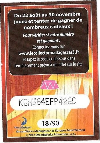 N° 18 /90 Codee Gia Madagascar 3 Carte Collector Cora Match Dreamworks