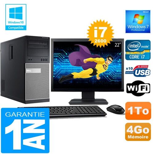 PC Tour DELL 7010 Core I7-2600 Ram 4Go Disque 1 To Wifi W7 Ecran 22"