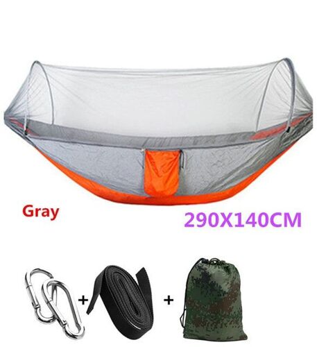 Hamac À Dépliage Automatique, Parachute Ultraléger, Moustiquaire De Chasse, Meuble D'extérieur Double Hauteur, Gris 290x140