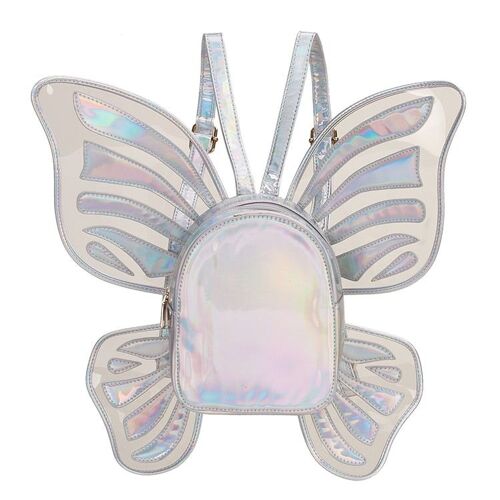 Fashion Women's Laser Mini Backpack Butterfly Angel Wings Daypack for Girls Travel Casual School Bag Holographic Leather, Silver