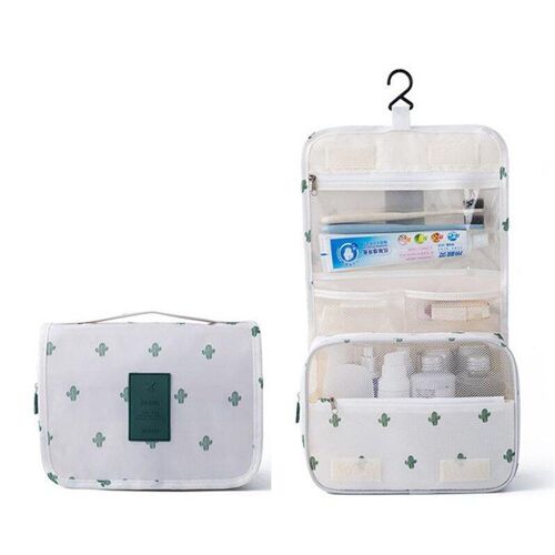 Nylon Travel Set Makeup Bag High Capacity Cosmetic Bags For Women Bathroom Toiletry Make Up Organizer Pouch Hanging neceser, Cactus blanc
