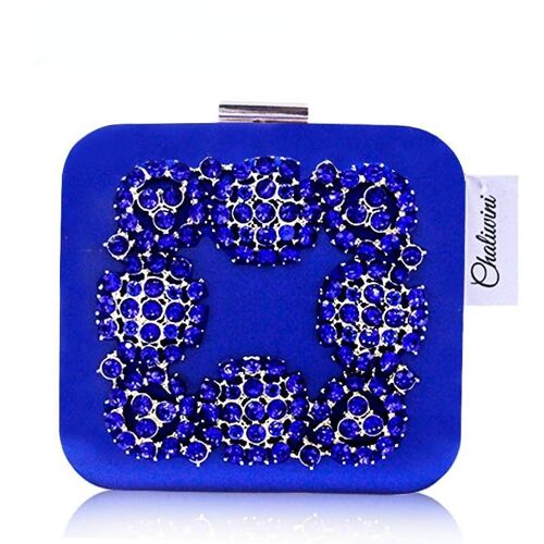 Diamonds Flower Crystal Clutch Evening Bag Golden Party Purse Women Wedding Bridal Handbag Pouch, Bleu