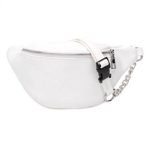 Fashion Leather Waist Fanny Pack Chest Bag Phone Purse with Metal Chain for Women, Blanc