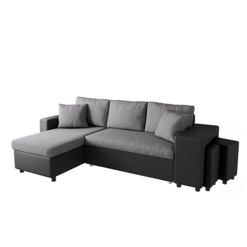 Canapé D'angle Oslo Convertible Avec Coffre Et Poufs En Microfibre Et Simili - Gris / Noir, Position Du Rangement Poufs - Droit