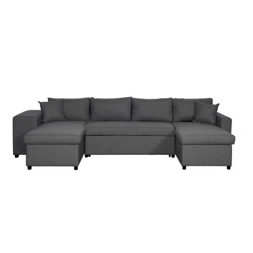 Canapé D'angle Panoramique Oslo Convertible Avec Coffres Et Poufs En Tissu - Gris Foncé, Position Du Rangement Poufs - Gauche