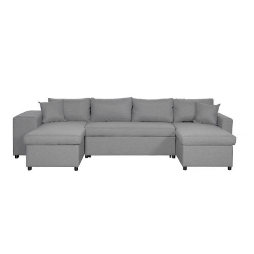 Canapé D'angle Panoramique Oslo Convertible Avec Coffres Et Poufs En Tissu - Gris Clair, Position Du Rangement Poufs - Gauche