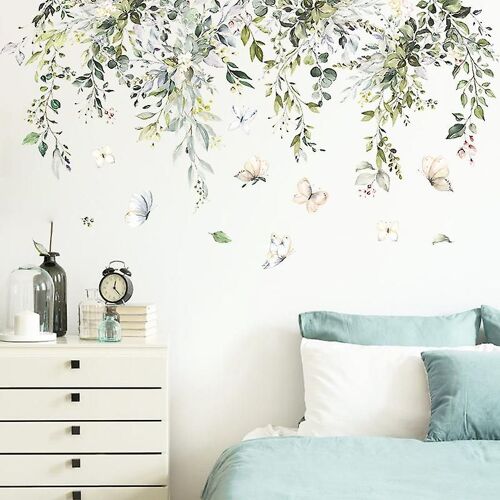 Sticker mural vert decalmile : feuilles de vigne suspendues, plantes et oiseaux sur une branche