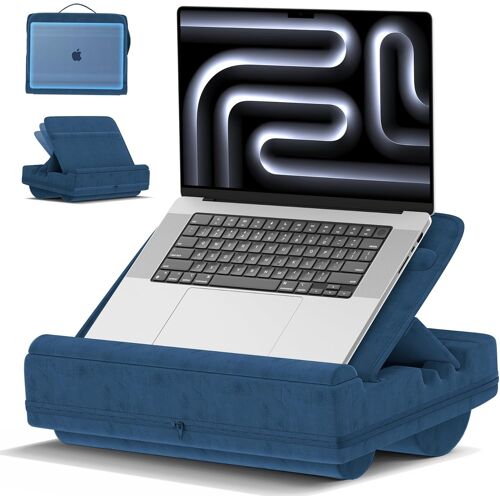 Coussin Ordinateur Portable avec 3 Angles Réglables, Laptop Pillow avec Support pour Lit avec Coussin, Support d'ordinateur Portable et Sacoche de Transport pour Ordinateur Portable (Bleu)