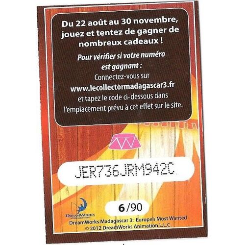 Carte Collector N° 6 /90 Code Les Pingouins Madagascar 3 Cora Match Dreamworks