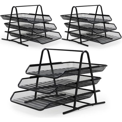 Lot De 3 Trieurs Avec Corbeilles À Courrier En Métal Mesh Noir Coulissantes, Trieur De Bureau Sur 3 Niveaux, En Fils Métalliques, Organiseur De Bureau Pour Documents
