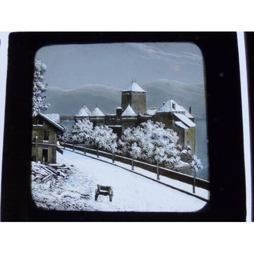 Plaque De Verre Pour Lanterne Magique / Chateau De Chillon Suisse 1900 En Couleur