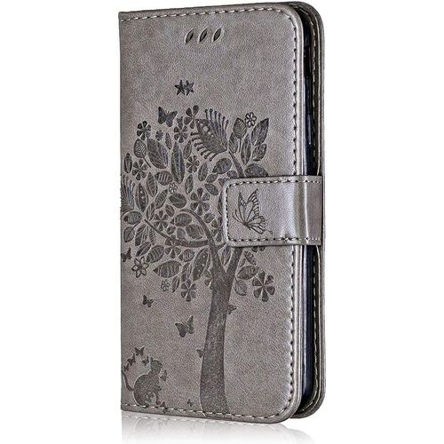 Coque Pour Galaxy J1 2016, Etui En Cuir Pu Portefeuille, Antichoc Flip Case Housse Retro Emboss Serie De Chat Et Darbre Pour Samsung Galaxy J1 2016 - Gris