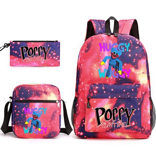 Sac en toile coquelicot Playtime Huggy Wuggy trois pièces (sac à dos, trousse et besace), sac à dos garçon et fille, sac à dos motif dessin animé coquelicot Playtime Huggy Wuggy