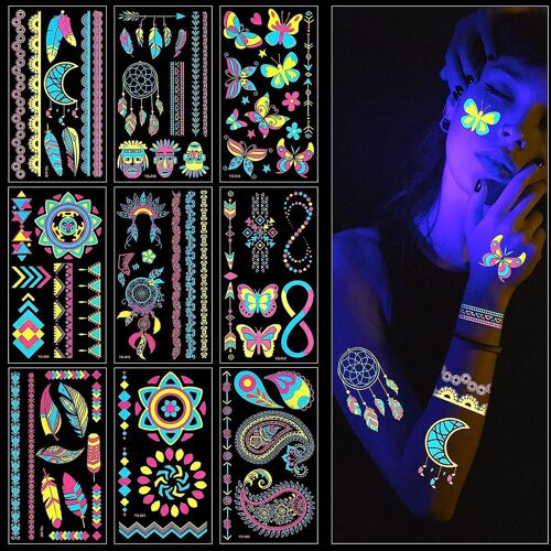Tatouages Au Néon, Tatouages Adhésifs, Maquillage Temporaire Uv Corps Et Visage Peinture Tatouage Autocollant Pour Femmes Hommes, Accessoire Pour La Lumière Noire Uv Party Festivals 8