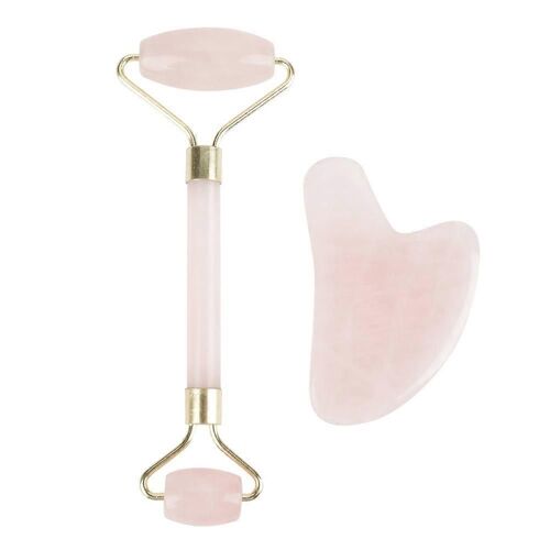 Rouleau De Pierre De Jade De Quartz Rose Naturel À Double Tête Et Plaque De Grattage Kit D'outils De Massage Du Visage