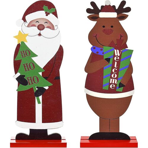 2pcs Décorations de table de Noël en bois Père Noël Renne Double Face Beige Bonhomme de neige Home Party Decor