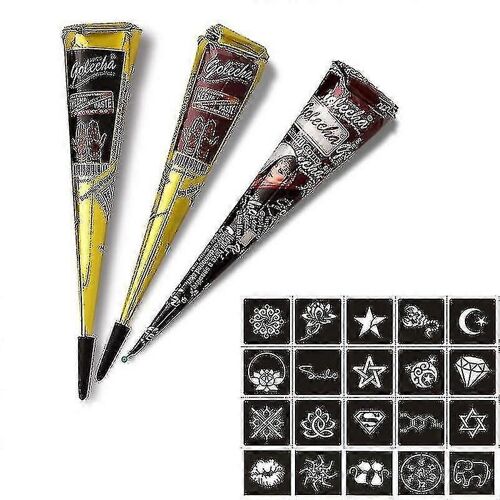 3pcs Frais De Haute Qualité Brun Foncé Naturel Henna Mehndi Cone Tatouage Temporaire Avec Modèle 