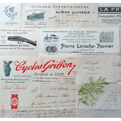 Lot 8 Vieux Papiers Lettres Courriers En-Tête (Cycles, Huile, Garage, Armes, Savon, Assurance, Semoir, Électricité)