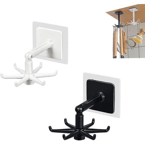 Crochet pliant rotatif avec 6 crochets adhésifs sans poinçon pour la cuisine et la salle de bain, gain de place 2pcs (noir, blanc)