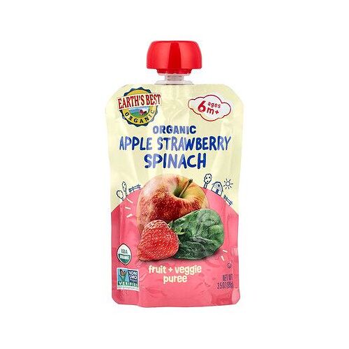 Earth's Best, Purée De Fruits + Légumes Biologiques, 6 Mois Et Plus, Pomme, Fraise Et Épinard, 99 G