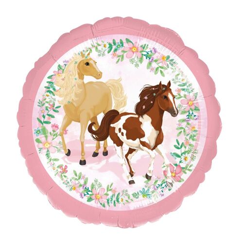 BALLON ALU ROND PONEY CHEVAUX FLEURS 43CM