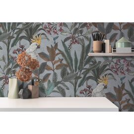 Papier peint moitf d'oiseaux Profhome 397483-GU papier peint intissé gaufré à chaud légèrement texturé au design de jungle mat gris bleu vert jaune 5,33 m2