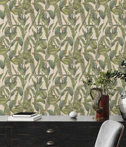 Papier peint floral Profhome 394132-GU papier peint intissé gaufré à chaud légèrement texturé au design de jungle mat crème vert orange 5,33 m2