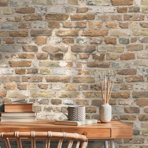 Papier peint 3D Profhome 388293-GU papier peint intissé gaufré à chaud légèrement texturé à l'aspect brique mat brun gris-beige blanc 5,33 m2
