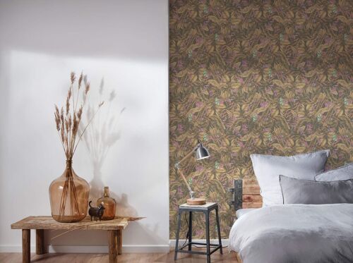 Papier peint floral Profhome 394253-GU papier peint intissé gaufré à chaud légèrement texturé au design de jungle mat brun beige violet 5,33 m2