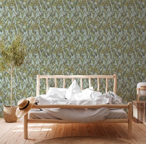 Papier peint floral Profhome 394133-GU papier peint intissé gaufré à chaud légèrement texturé au design de jungle mat bleu vert orange 5,33 m2