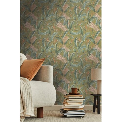 Papier peint floral Profhome 394363-GU papier peint intissé gaufré à chaud légèrement texturé avec des ornements floraux mat vert beige orange 5,33 m2
