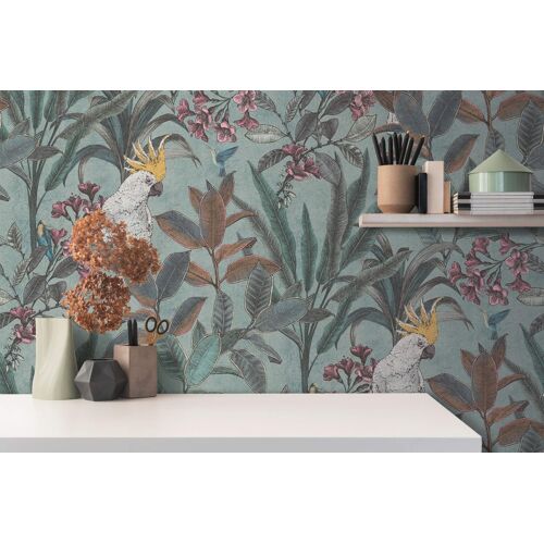 Papier peint moitf d'oiseaux Profhome 397482-GU papier peint intissé gaufré à chaud légèrement texturé au design de jungle mat vert bleu rose vif jaune 5,33 m2