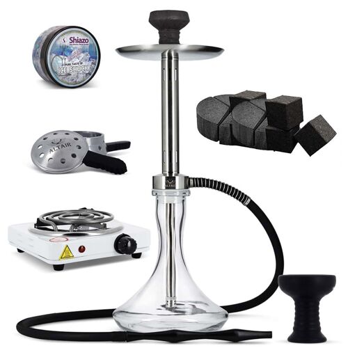Pack Narguilé Chicha Verre Khéops Altair + Charbons + Plaque + Foyer Silicone + Chauffe Charbon